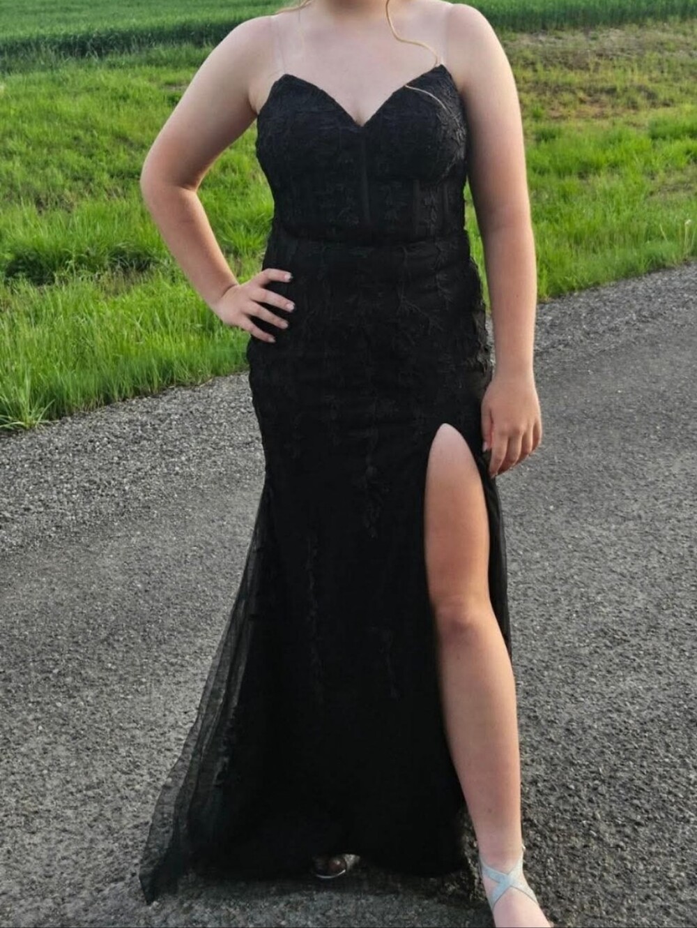 Strapless Black Lace Prom Gown with High Side Slit